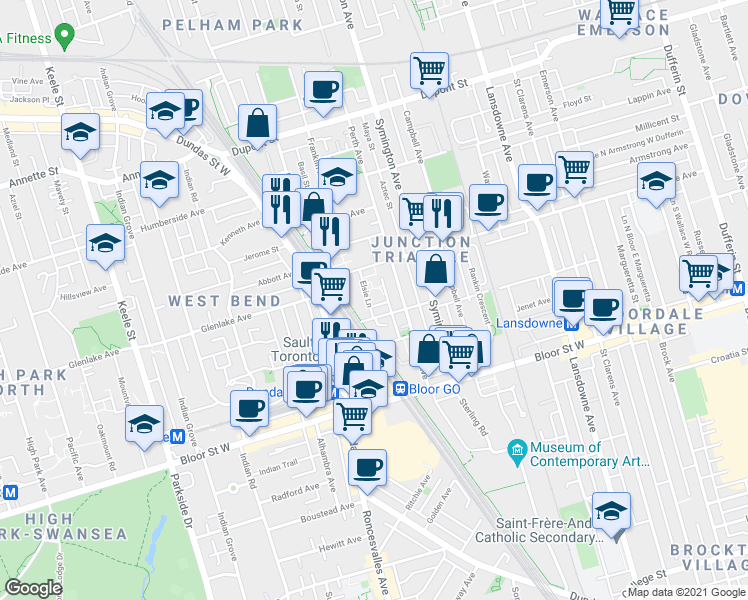 map of restaurants, bars, coffee shops, grocery stores, and more near in Toronto