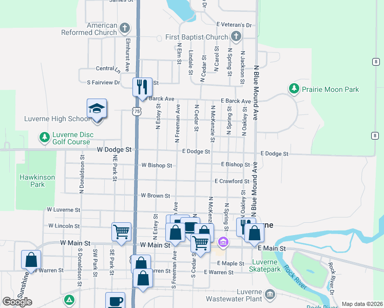 map of restaurants, bars, coffee shops, grocery stores, and more near 111 East Dodge Street in Luverne