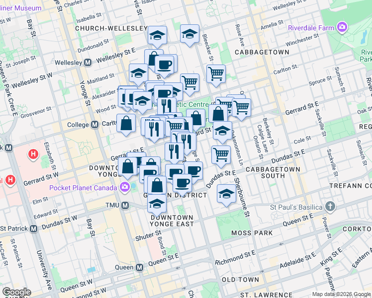 map of restaurants, bars, coffee shops, grocery stores, and more near 319 Jarvis Street in Toronto