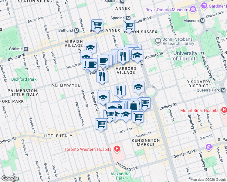 map of restaurants, bars, coffee shops, grocery stores, and more near 91 Borden Street in Toronto