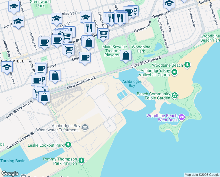 map of restaurants, bars, coffee shops, grocery stores, and more near 1st Avenue in Toronto
