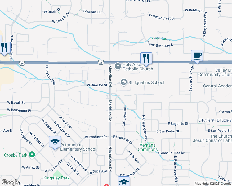 map of restaurants, bars, coffee shops, grocery stores, and more near 6180 North Meridian Road in Meridian