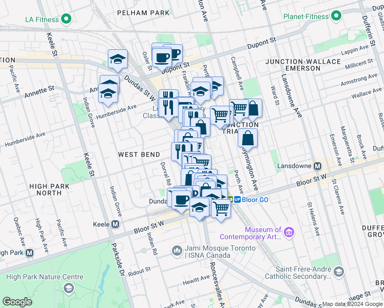 map of restaurants, bars, coffee shops, grocery stores, and more near 2480 Dundas Street West in Toronto
