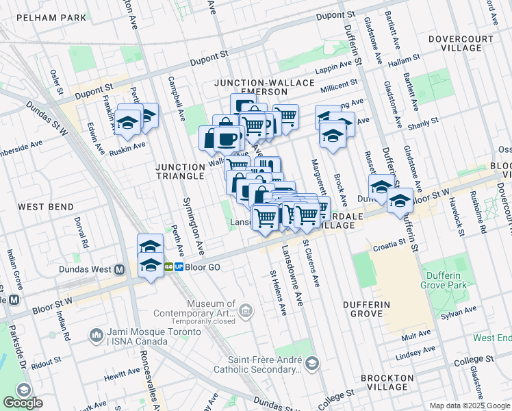map of restaurants, bars, coffee shops, grocery stores, and more near 580 Lansdowne Avenue in Toronto