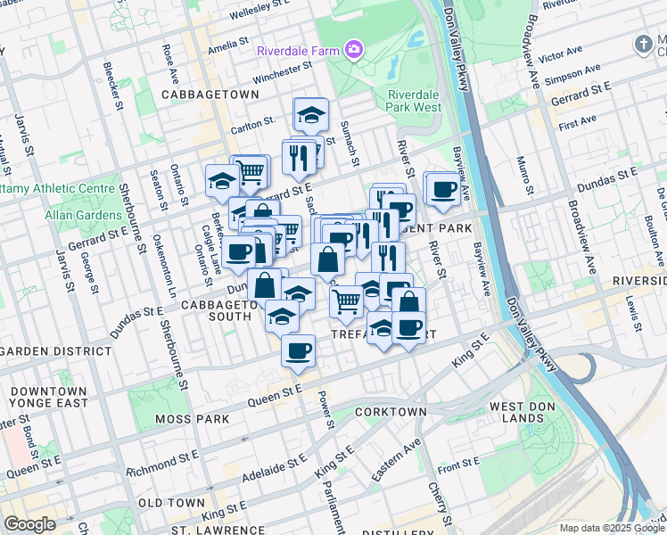 map of restaurants, bars, coffee shops, grocery stores, and more near 225 Sackville Street in Toronto