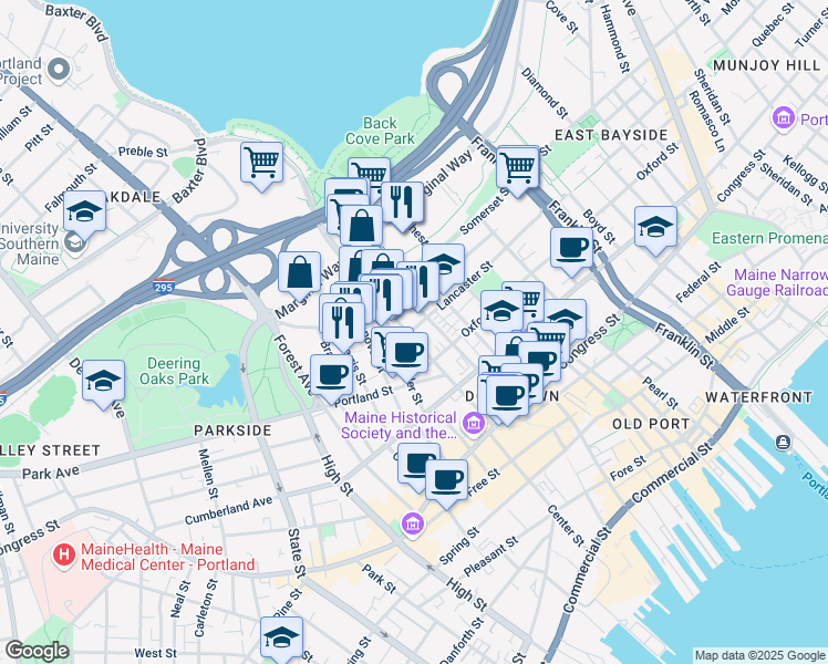 map of restaurants, bars, coffee shops, grocery stores, and more near in Portland