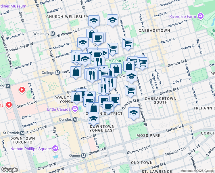 map of restaurants, bars, coffee shops, grocery stores, and more near 319 Jarvis Street in Toronto