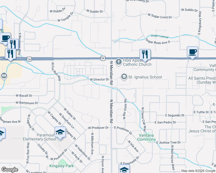 map of restaurants, bars, coffee shops, grocery stores, and more near 50 West Heston Drive in Meridian
