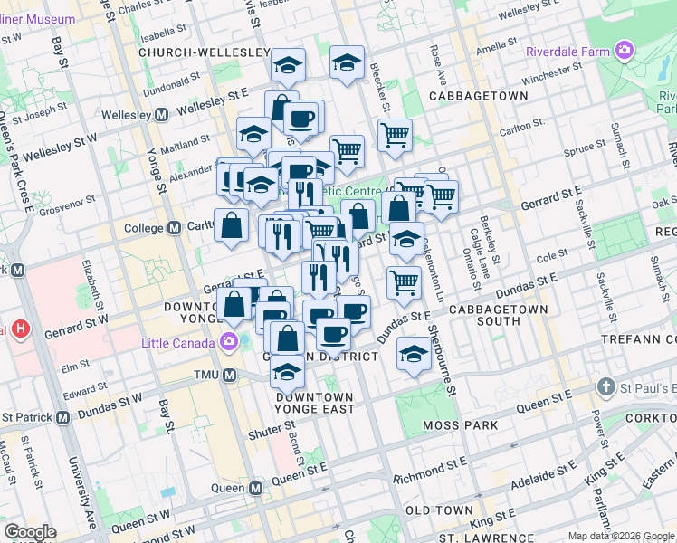 map of restaurants, bars, coffee shops, grocery stores, and more near 319 Jarvis Street in Toronto