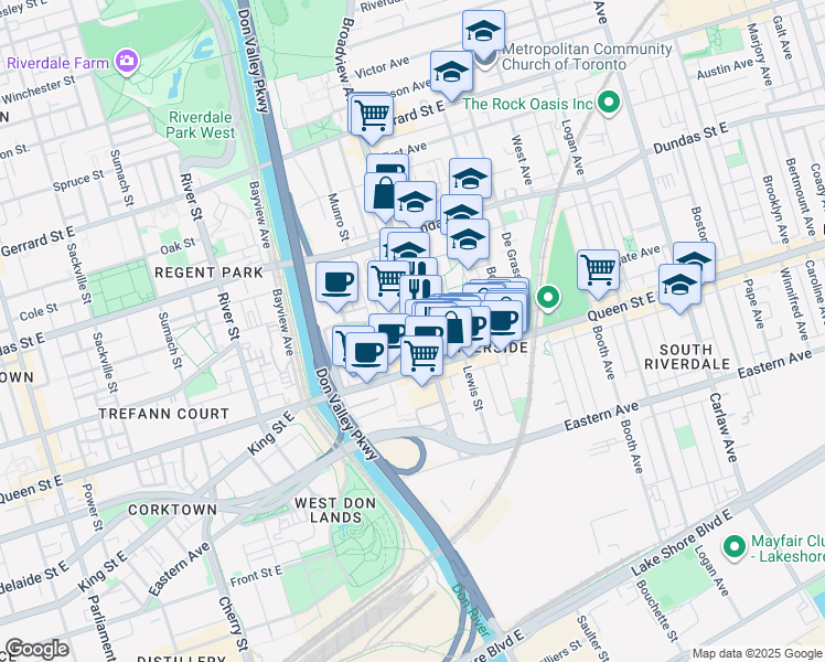 map of restaurants, bars, coffee shops, grocery stores, and more near 140 Broadview Avenue in Toronto