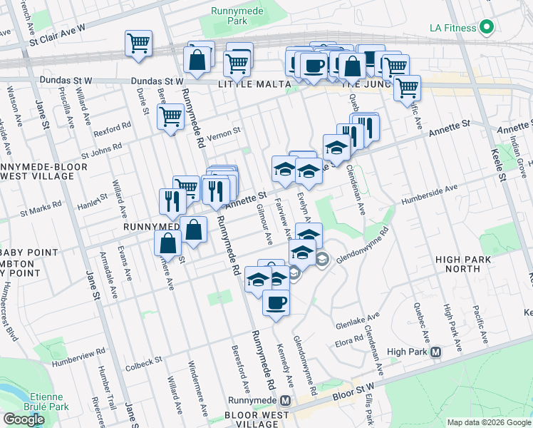 map of restaurants, bars, coffee shops, grocery stores, and more near 71 Gilmour Avenue in Toronto