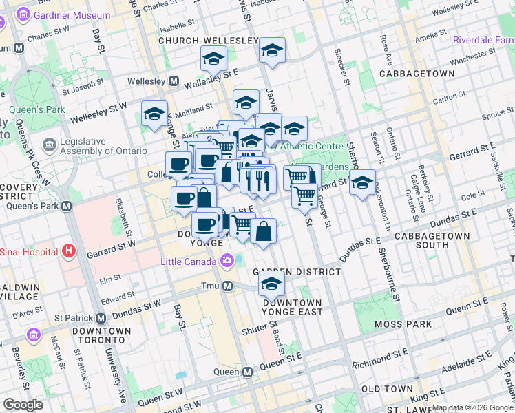 map of restaurants, bars, coffee shops, grocery stores, and more near 66 Gerrard Street East in Toronto