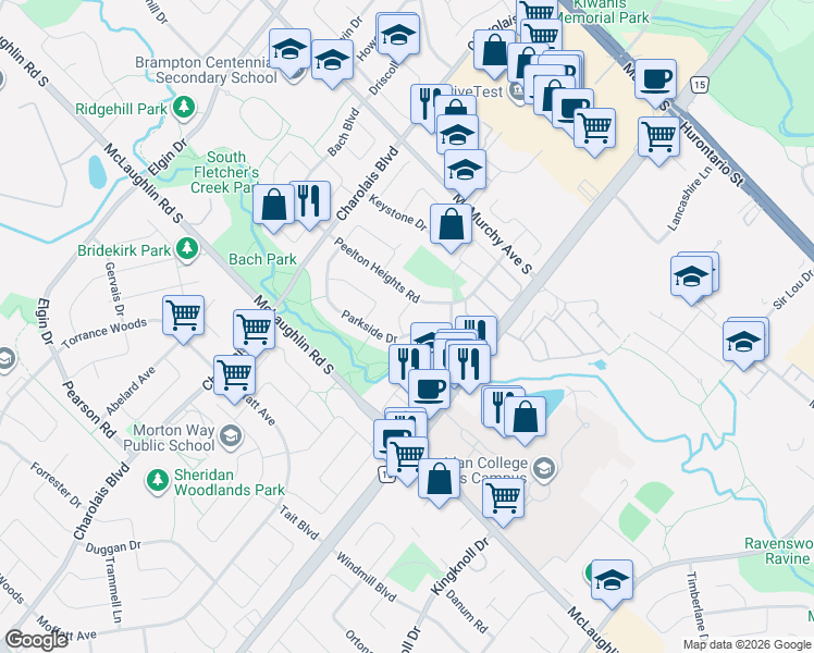 map of restaurants, bars, coffee shops, grocery stores, and more near 39 Parkside Drive in Brampton