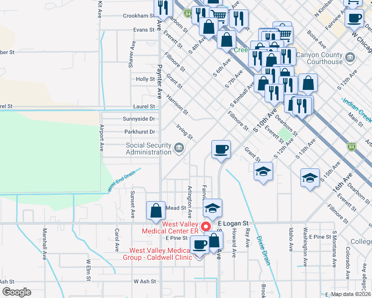 map of restaurants, bars, coffee shops, grocery stores, and more near 1112 South Kimball Avenue in Caldwell
