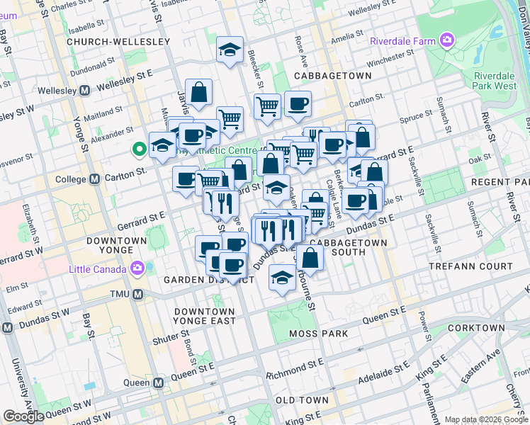 map of restaurants, bars, coffee shops, grocery stores, and more near 103 Pembroke Street in Toronto