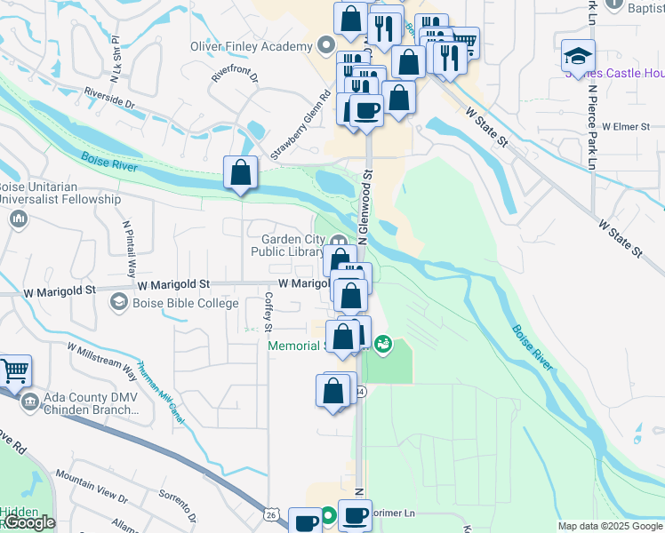 map of restaurants, bars, coffee shops, grocery stores, and more near in Garden City