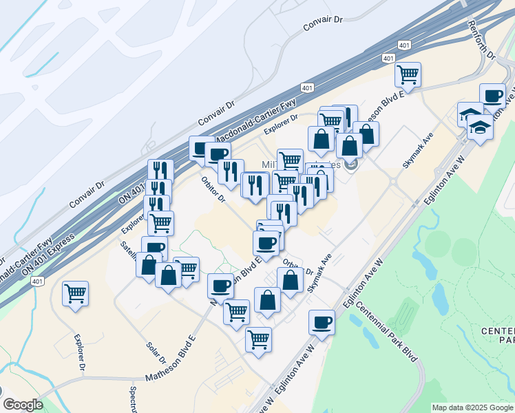 map of restaurants, bars, coffee shops, grocery stores, and more near 5225 Orbitor Drive in Mississauga