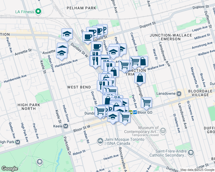 map of restaurants, bars, coffee shops, grocery stores, and more near 2480 Dundas Street West in Toronto