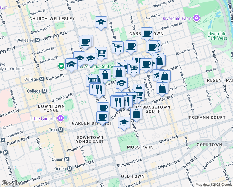map of restaurants, bars, coffee shops, grocery stores, and more near 103 Pembroke Street in Toronto