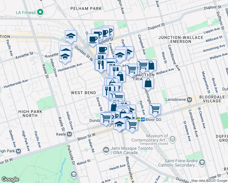 map of restaurants, bars, coffee shops, grocery stores, and more near 2480 A Dundas Street West in Toronto