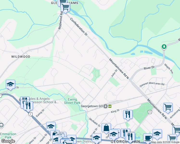 map of restaurants, bars, coffee shops, grocery stores, and more near 25 Sutcliff Lane in Halton Hills