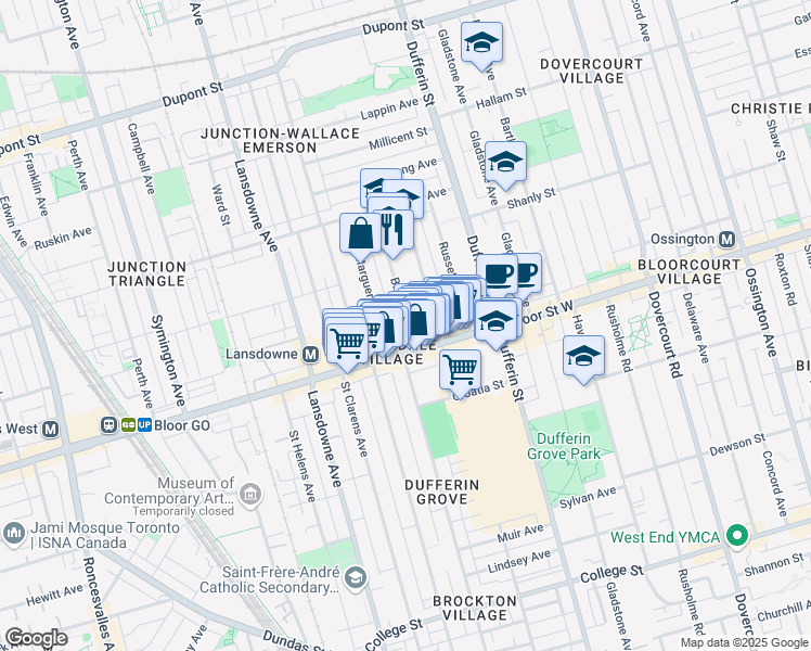 map of restaurants, bars, coffee shops, grocery stores, and more near 626 Brock Avenue in Toronto