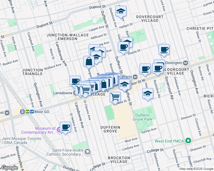 map of restaurants, bars, coffee shops, grocery stores, and more near 12 Pauline Avenue in Toronto