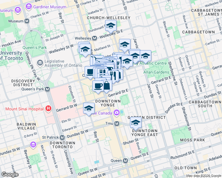 map of restaurants, bars, coffee shops, grocery stores, and more near 350 Victoria Street in Toronto
