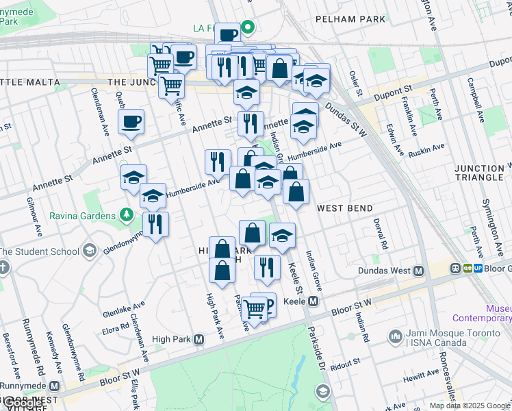 map of restaurants, bars, coffee shops, grocery stores, and more near 21 Hillsview Avenue in Toronto