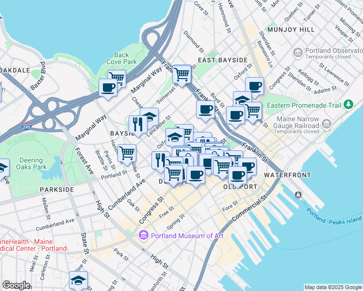 map of restaurants, bars, coffee shops, grocery stores, and more near 159 Oxford Street in Portland