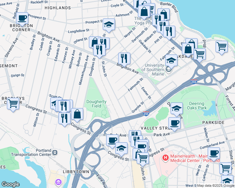 map of restaurants, bars, coffee shops, grocery stores, and more near 69 Woodmont Street in Portland