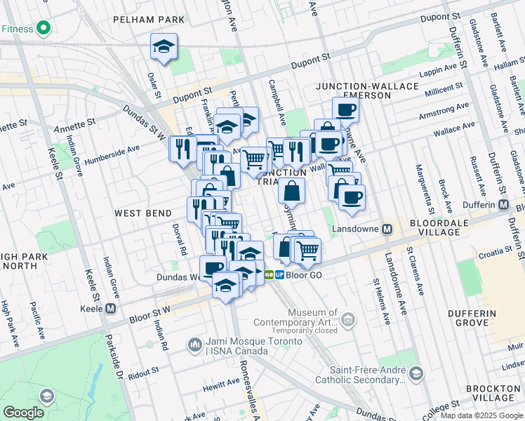 map of restaurants, bars, coffee shops, grocery stores, and more near in Toronto
