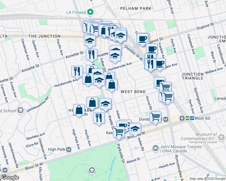 map of restaurants, bars, coffee shops, grocery stores, and more near in Toronto