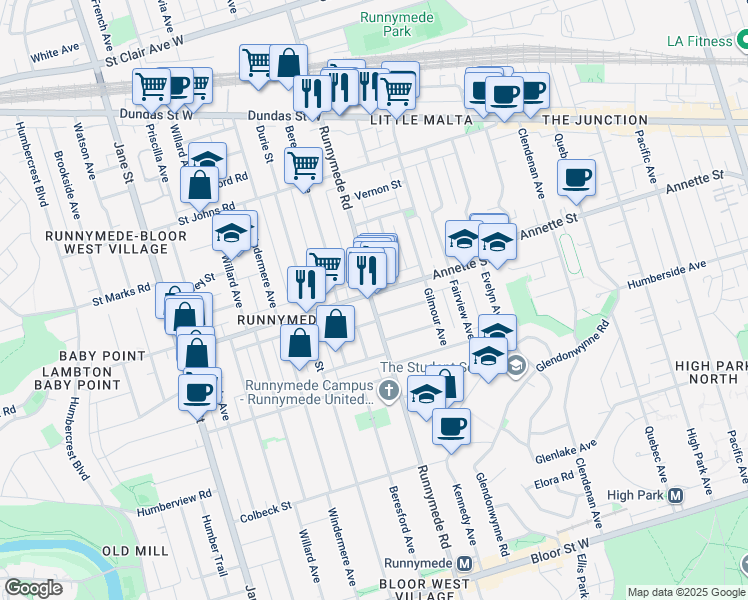map of restaurants, bars, coffee shops, grocery stores, and more near 520 Annette Street in Toronto