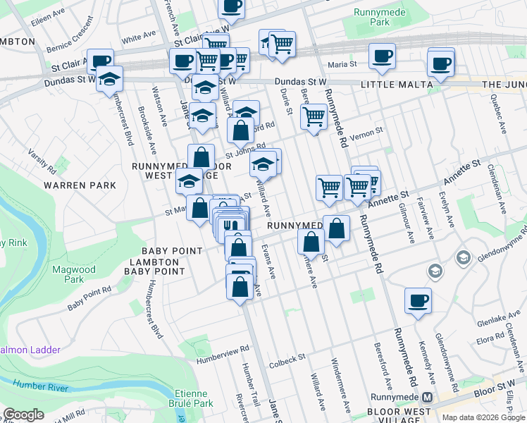 map of restaurants, bars, coffee shops, grocery stores, and more near in Toronto