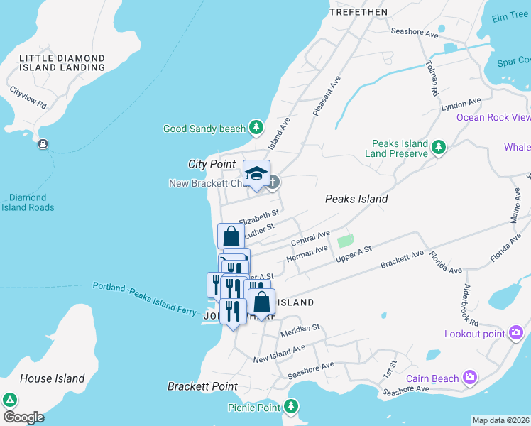 map of restaurants, bars, coffee shops, grocery stores, and more near 194 Island Avenue in Portland