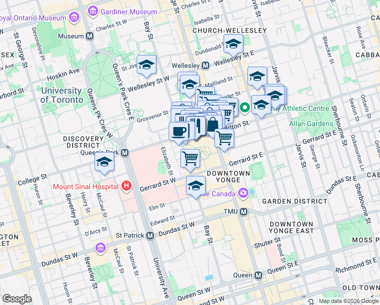 map of restaurants, bars, coffee shops, grocery stores, and more near 763 Bay Street in Toronto