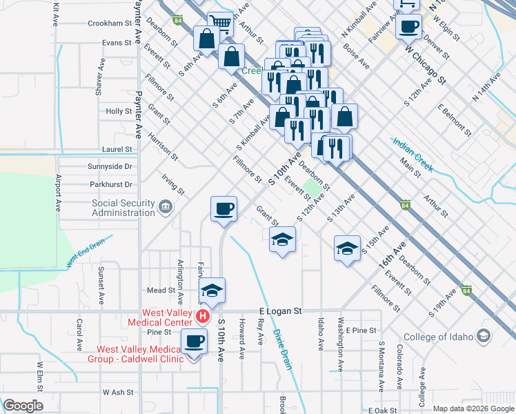 map of restaurants, bars, coffee shops, grocery stores, and more near 923 Grant Street in Caldwell