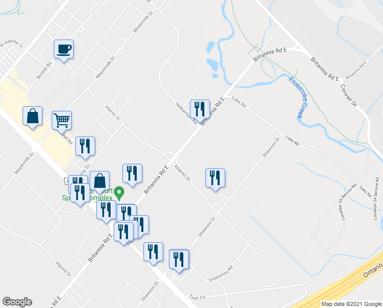 map of restaurants, bars, coffee shops, grocery stores, and more near 1750 Britannia Road East in Mississauga