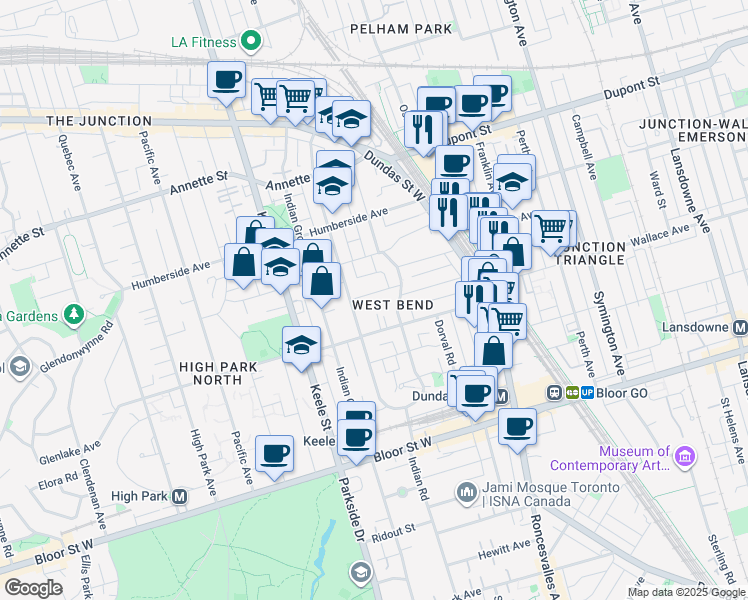 map of restaurants, bars, coffee shops, grocery stores, and more near in Toronto