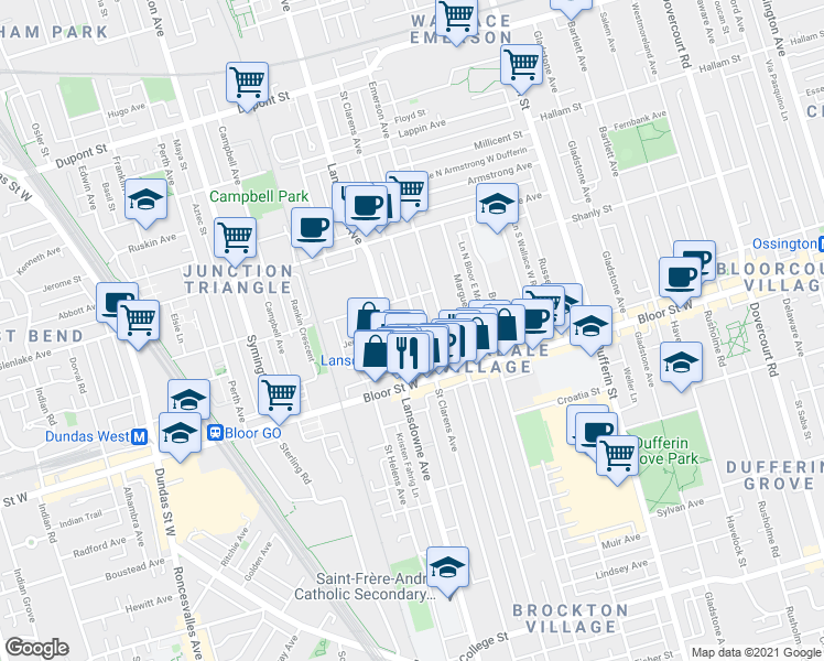 map of restaurants, bars, coffee shops, grocery stores, and more near 496 Saint Clarens Avenue in Toronto