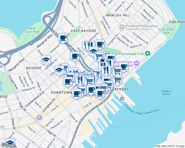 map of restaurants, bars, coffee shops, grocery stores, and more near Federal Street in Portland