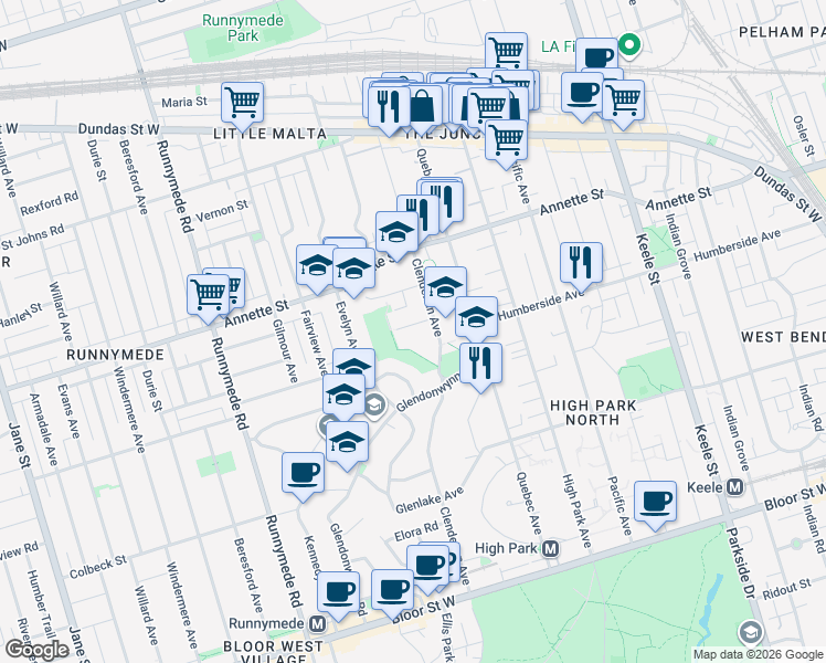 map of restaurants, bars, coffee shops, grocery stores, and more near 19 Rowland Street in Toronto