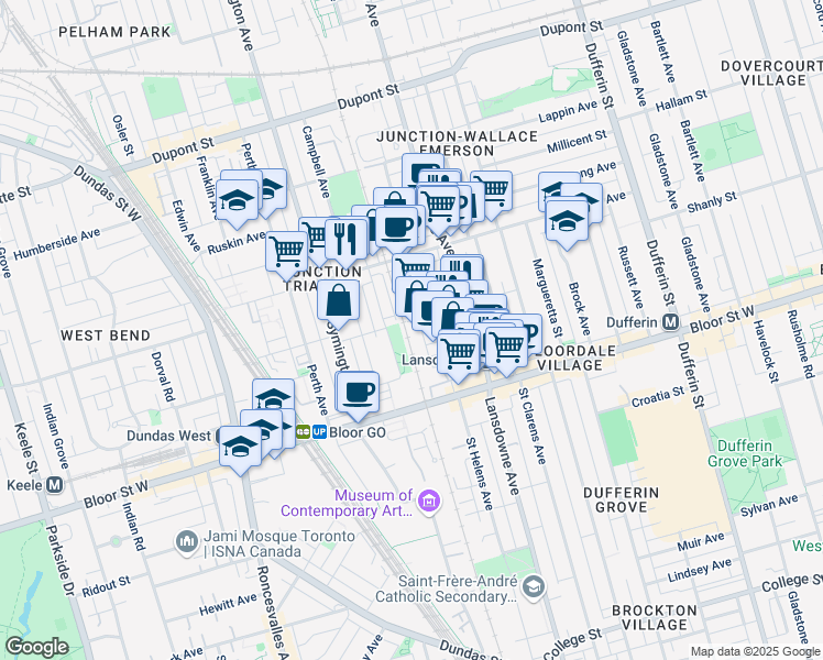 map of restaurants, bars, coffee shops, grocery stores, and more near in Toronto