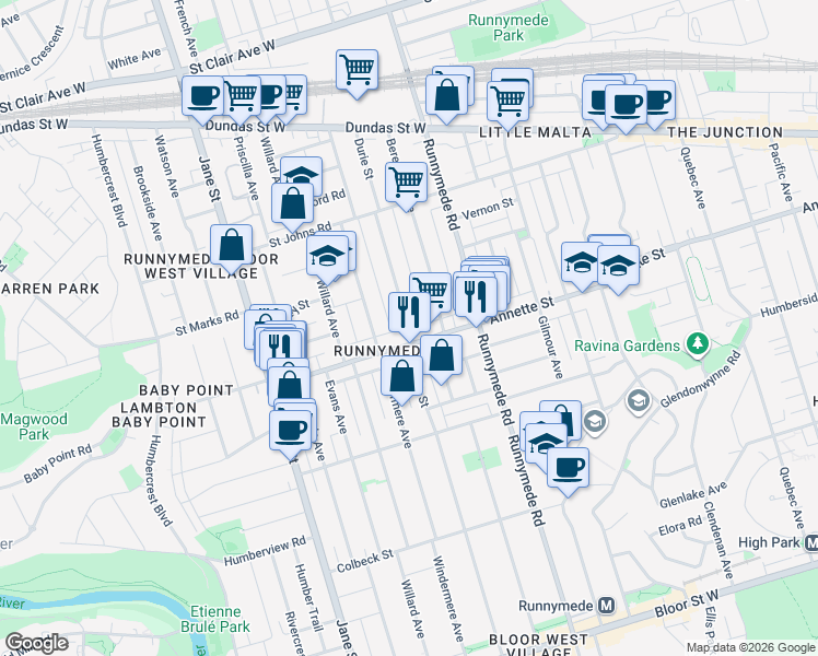 map of restaurants, bars, coffee shops, grocery stores, and more near 561 Durie Street in Toronto