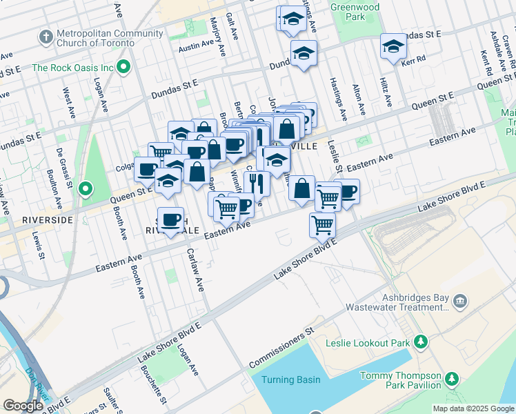 map of restaurants, bars, coffee shops, grocery stores, and more near 30 Caroline Avenue in Toronto