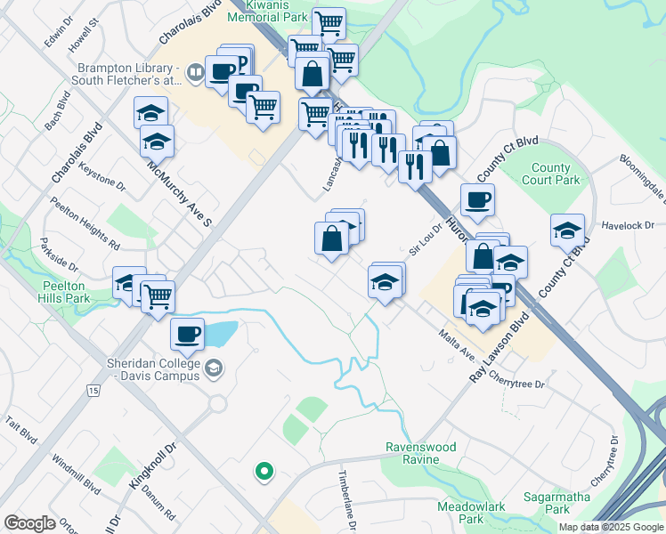 map of restaurants, bars, coffee shops, grocery stores, and more near 12 Herdmans Road in Brampton