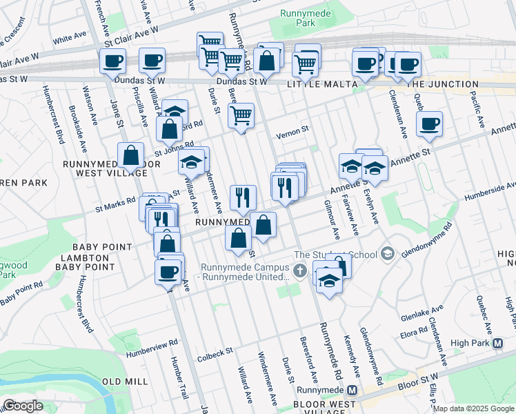 map of restaurants, bars, coffee shops, grocery stores, and more near 588 Annette Street in Toronto