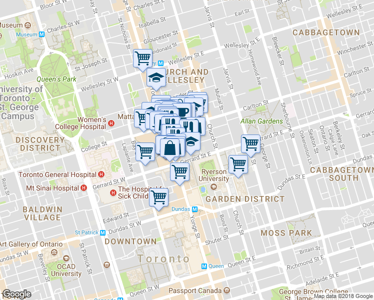 map of restaurants, bars, coffee shops, grocery stores, and more near 27 McGill Street in Toronto