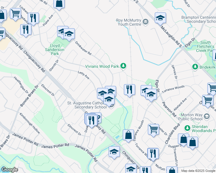 map of restaurants, bars, coffee shops, grocery stores, and more near 44 Drinkwater Road in Brampton